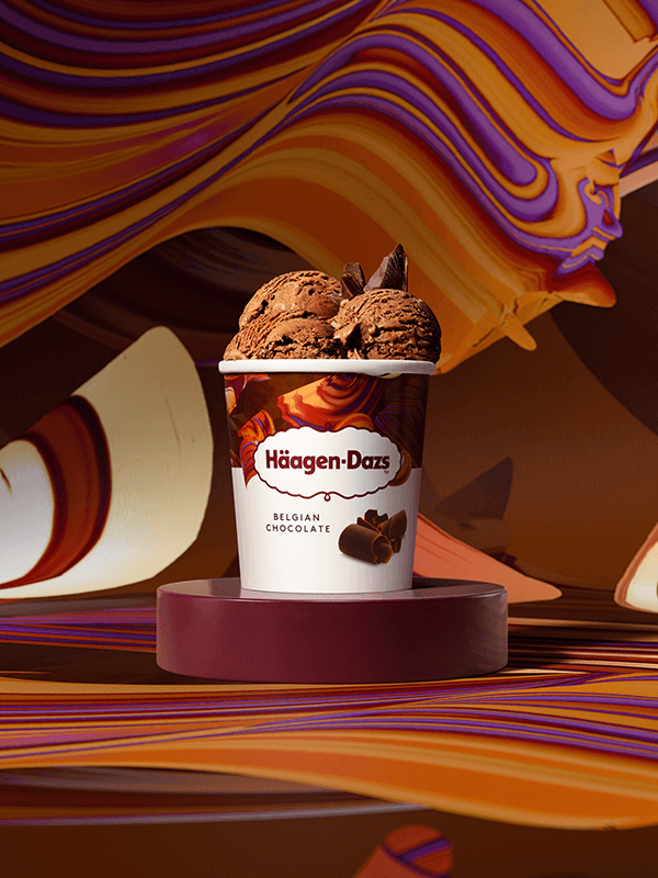 haagen dazs belgian chocolate ice cream pint arranged on a patterned brown background